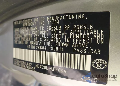 2004 Toyota Avalon Xls z USA, uszkodzony, nr VIN 4T1BF28B84U389814